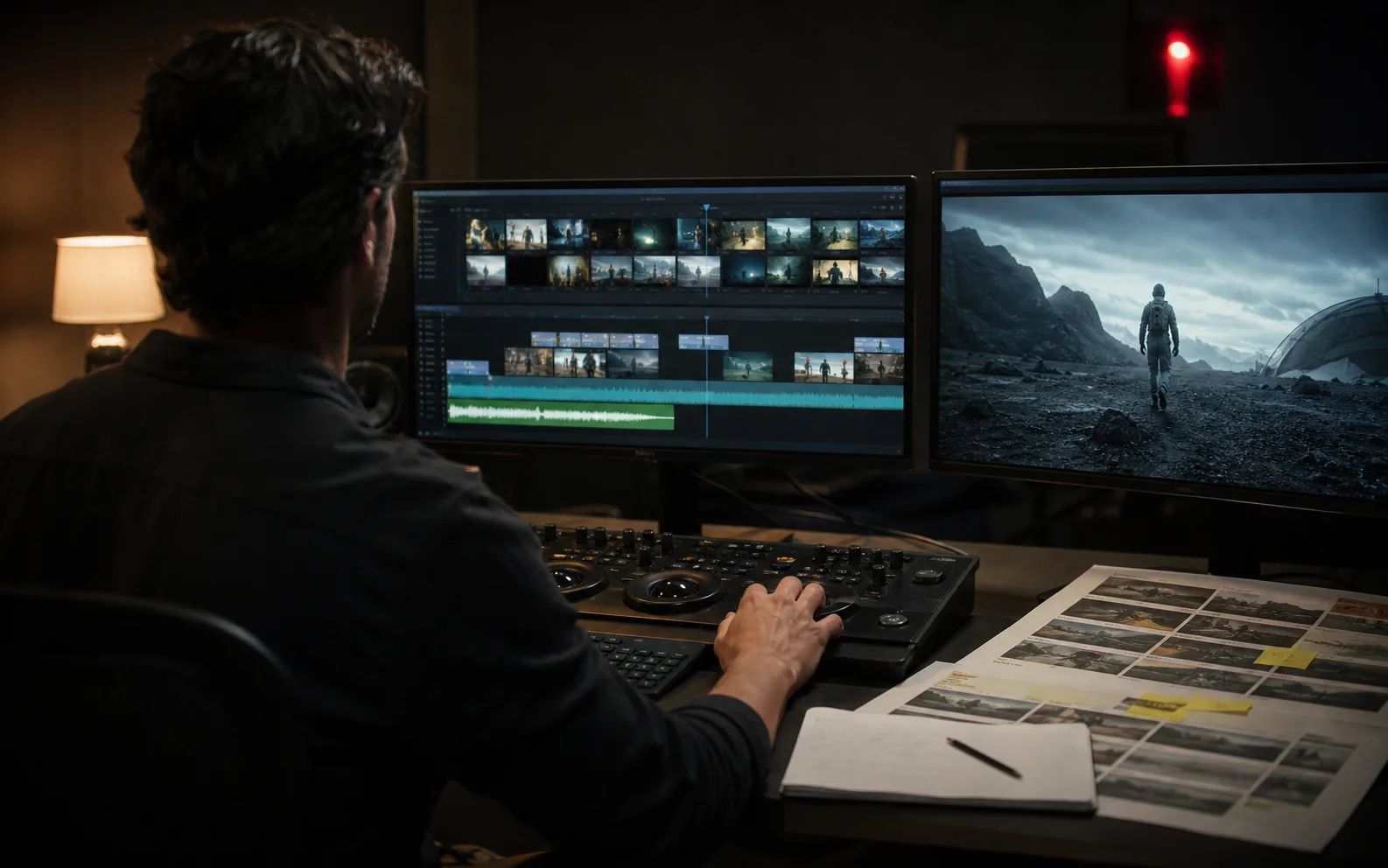 Editors assembling AI-generated shots in a post-production suite