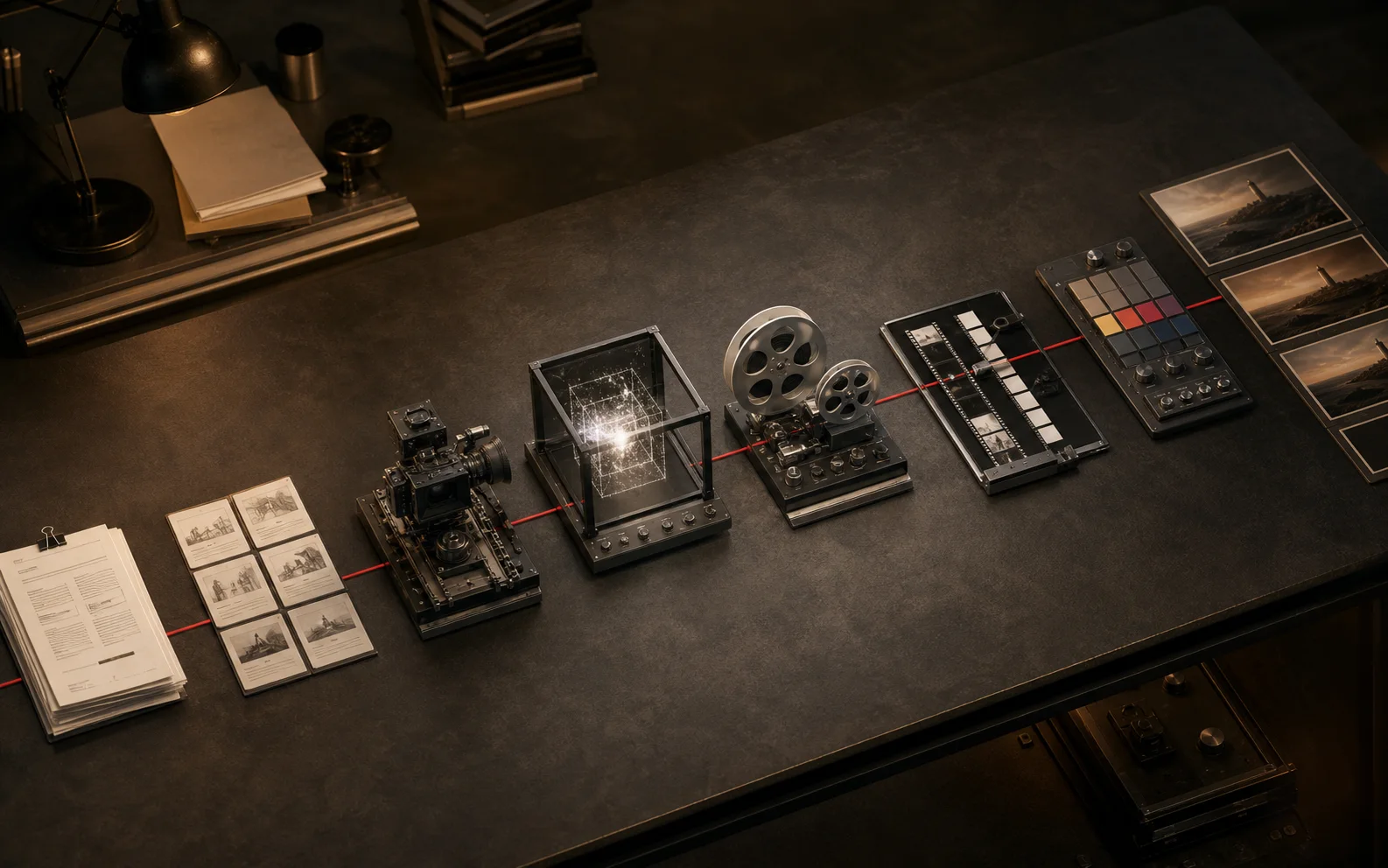 A complete AI video production timeline with storyboard, shots, sound, editing and delivery formats