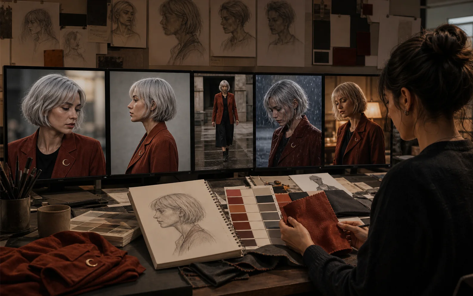 A creator reviewing consistent characters across multiple AI video scenes