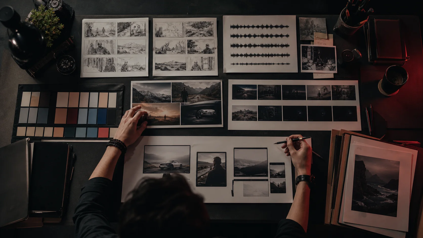 A complete media production workflow with storyboard, sound, color, and publishing formats